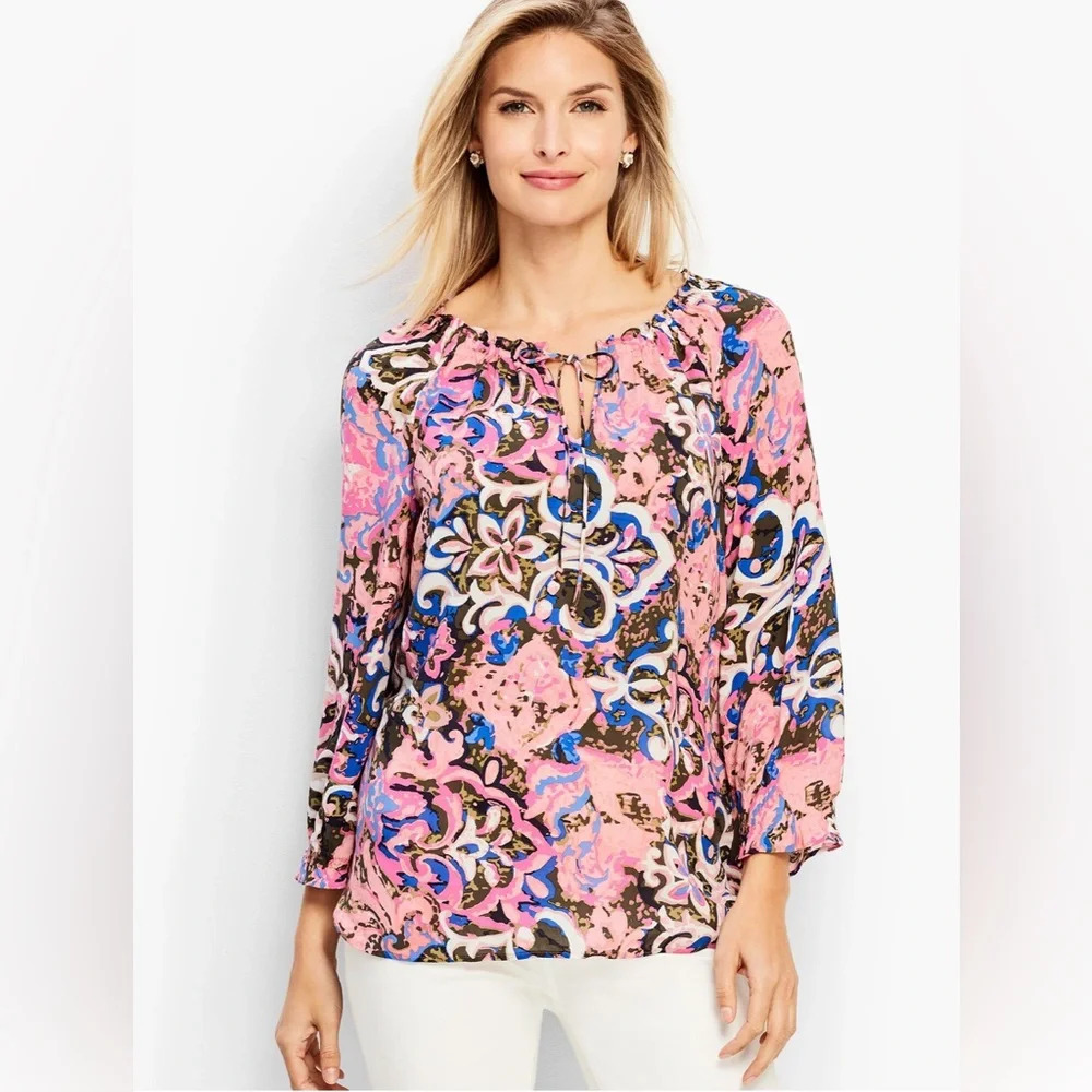 Talbots Coral Reef Paisley Tie Neck Blouse Size Large Petite 3/4 Sleeve NWT
